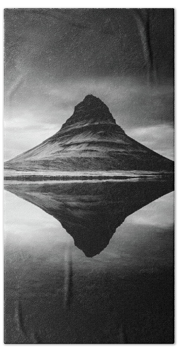 Kirkjufell Hand Towel featuring the photograph Reflection of Kirkjufell Mountain in Iceland in Black and White by Alexios Ntounas