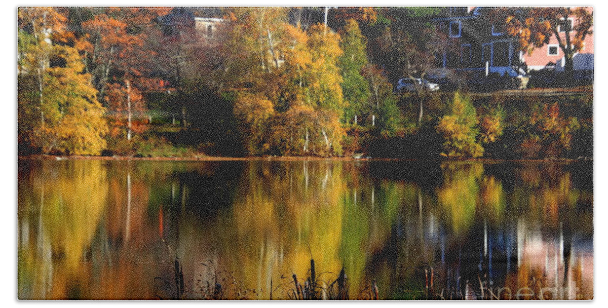 Lake Bath Towel featuring the photograph Reflections in Lake Quanapowitt by Lennie Malvone