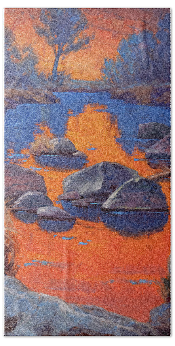 Reflections Hand Towel featuring the painting Reflections in Orange and Blue by Cody DeLong