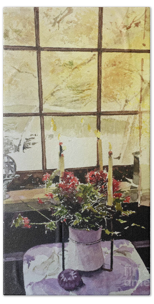 A Flower Arrangement With Lit Candles Sets On A Table By A Curtained Window.. Hand Towel featuring the painting Reflections by Monte Toon