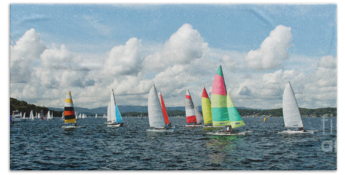 Dinghies Hand Towel featuring the photograph Regatta Panorama. Children Sailing small sailboats Catamarans wi by Geoff Childs