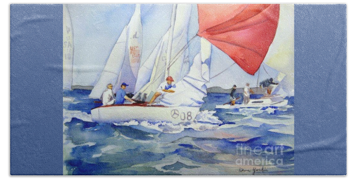 Sailboat Bath Towel featuring the painting Regatta Win by Liana Yarckin