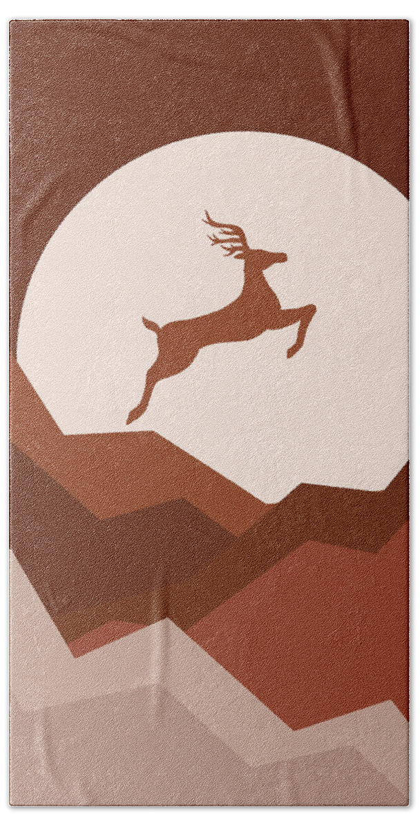 Christmas Hand Towel featuring the mixed media Reindeer Jumping over the hills - Christmas Reindeer and Moon - Terracotta Art - Nature Abstract by Studio Grafiikka