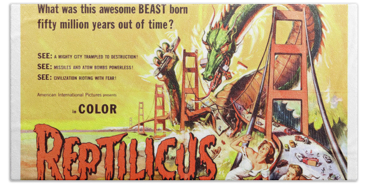 Reptilicus Bath Towel featuring the mixed media ''Reptilicus'', 1961 by Movie World Posters