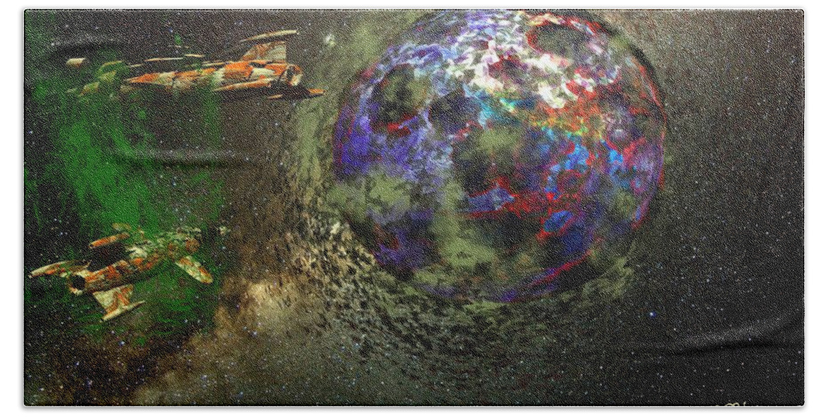 Digital Scifi Ecology War End-times Armageddon Anti-war Hand Towel featuring the digital art Requiem for a Planet at War by Bob Shimer