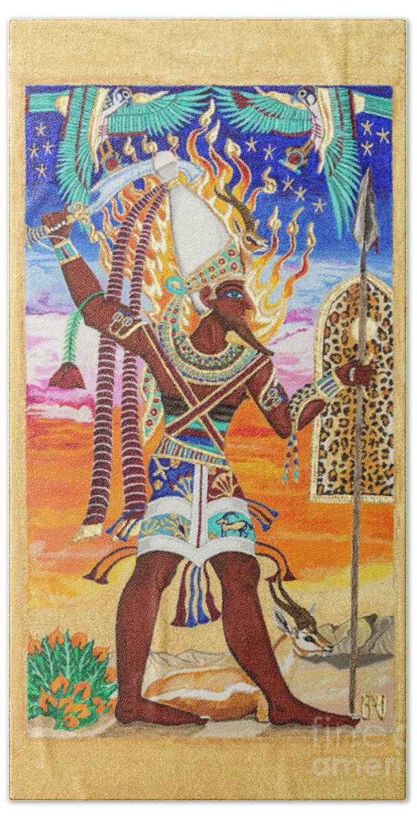 Reshpu Bath Towel featuring the mixed media Reshpu Lord of Might by Ptahmassu Nofra-Uaa