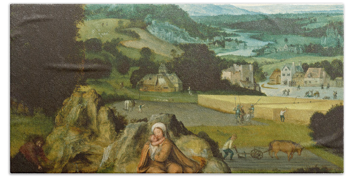 Joachim Patinir Bath Towel featuring the painting Rest on the Flight into Egypt and the Miraculous Field of Wheat by Joachim Patinir