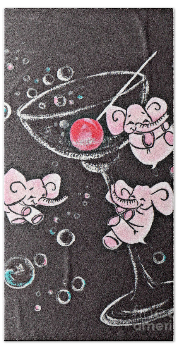 Cocktails Bath Towel featuring the mixed media Retro Cocktails Pink Elephants by Sally Edelstein