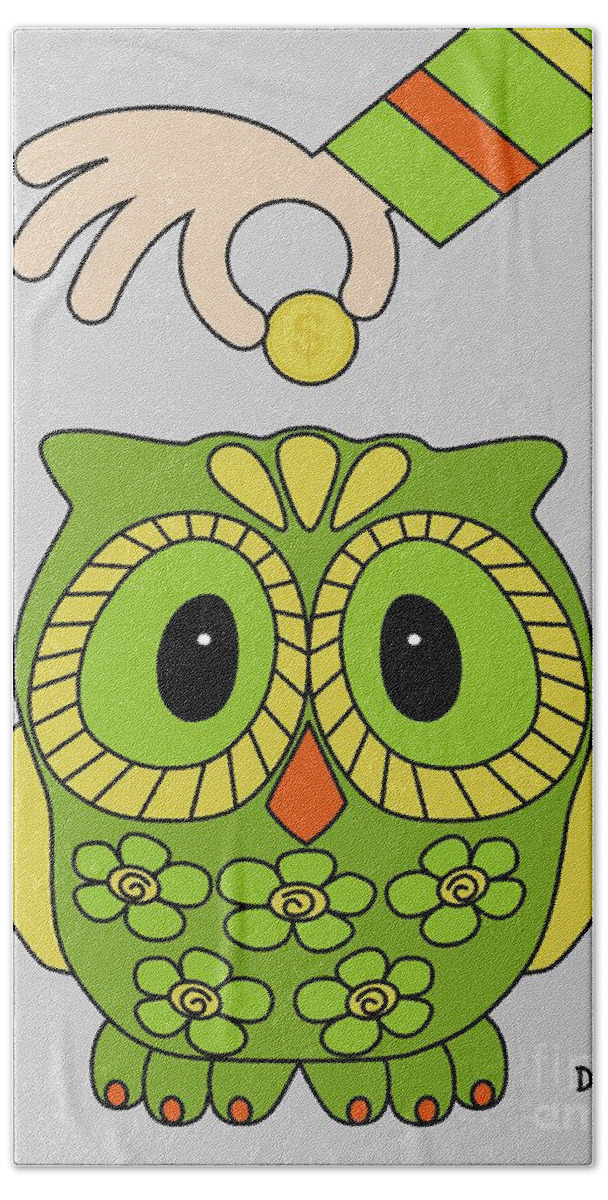 Retro Bath Towel featuring the digital art Retro Green Owl Piggy Bank by Donna Mibus