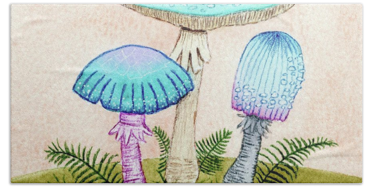 Retro Mushrooms Bath Towel featuring the painting Retro Mushrooms 2 by Donna Mibus