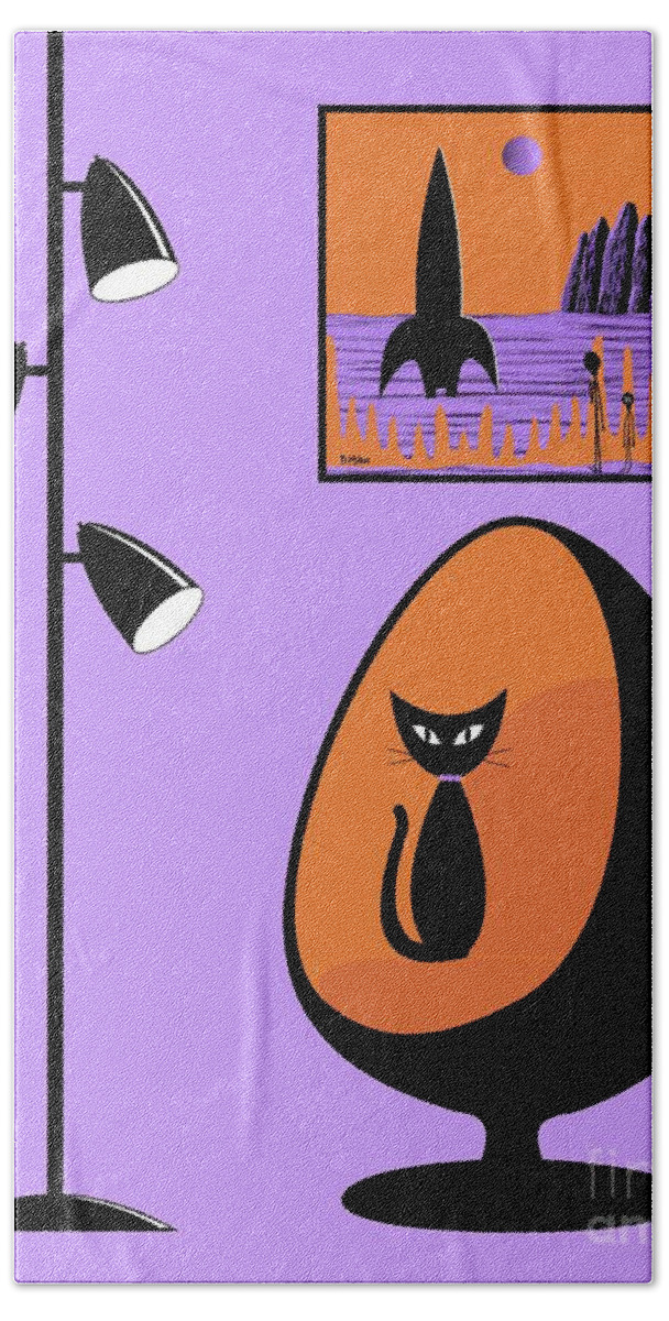 Mid Century Modern Bath Towel featuring the digital art Orange and Purple Space Aliens by Donna Mibus