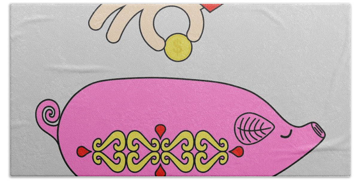 Retro Bath Towel featuring the digital art Retro Pink Piggy Bank by Donna Mibus
