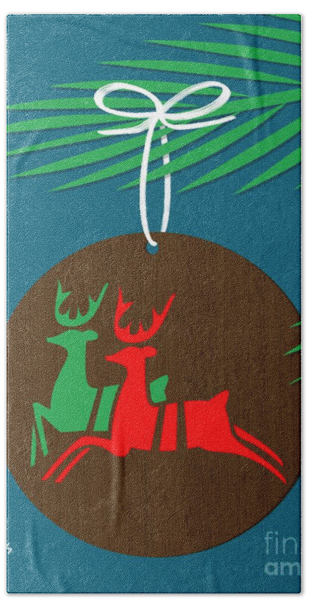  Hand Towel featuring the digital art Retro Reindeer Christmas Ornament by Donna Mibus