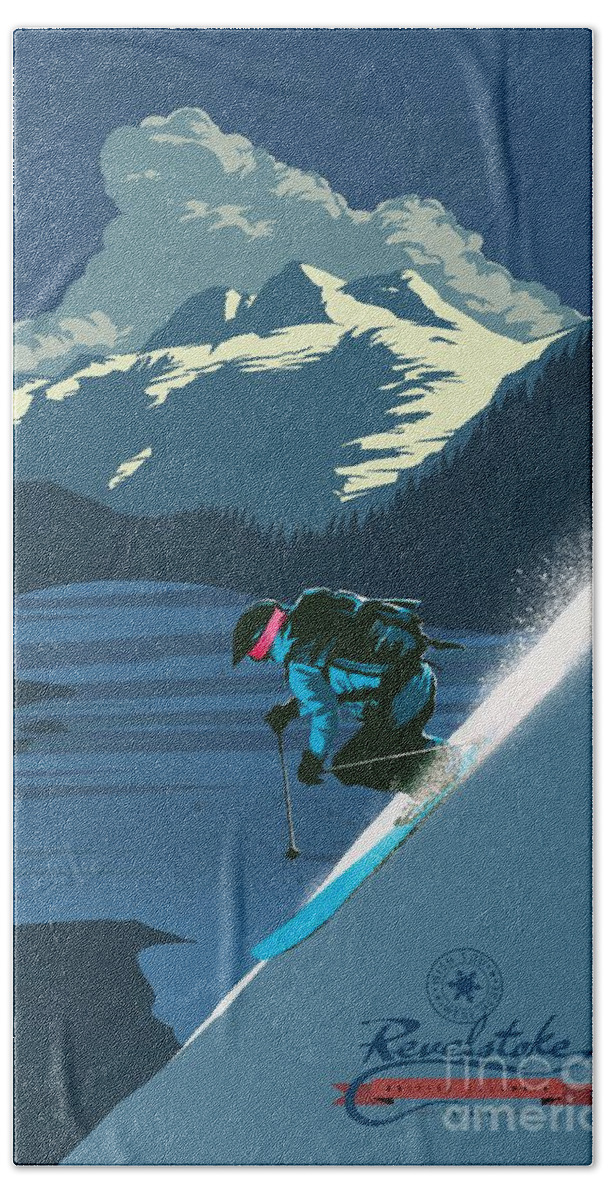 Revelstoke Hand Towel featuring the painting Retro Revelstoke ski poster by Sassan Filsoof