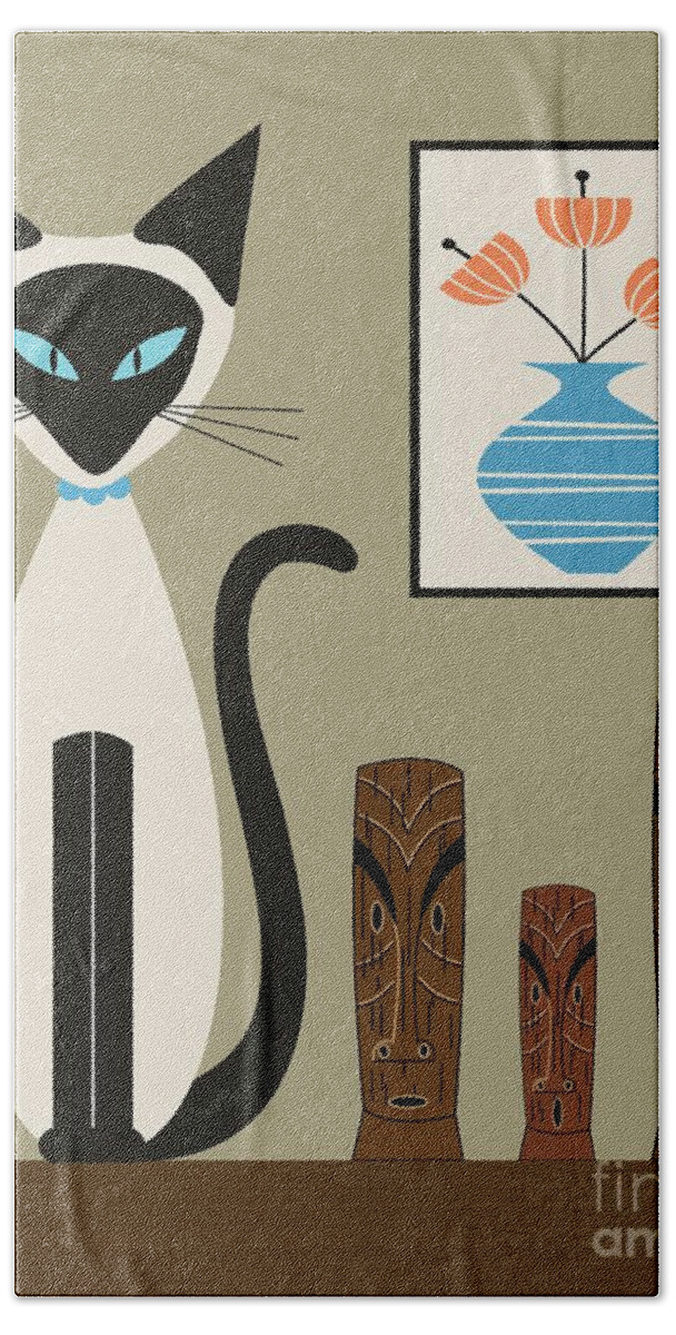 Mid Century Cat Bath Towel featuring the digital art Retro Siamese with Tikis by Donna Mibus