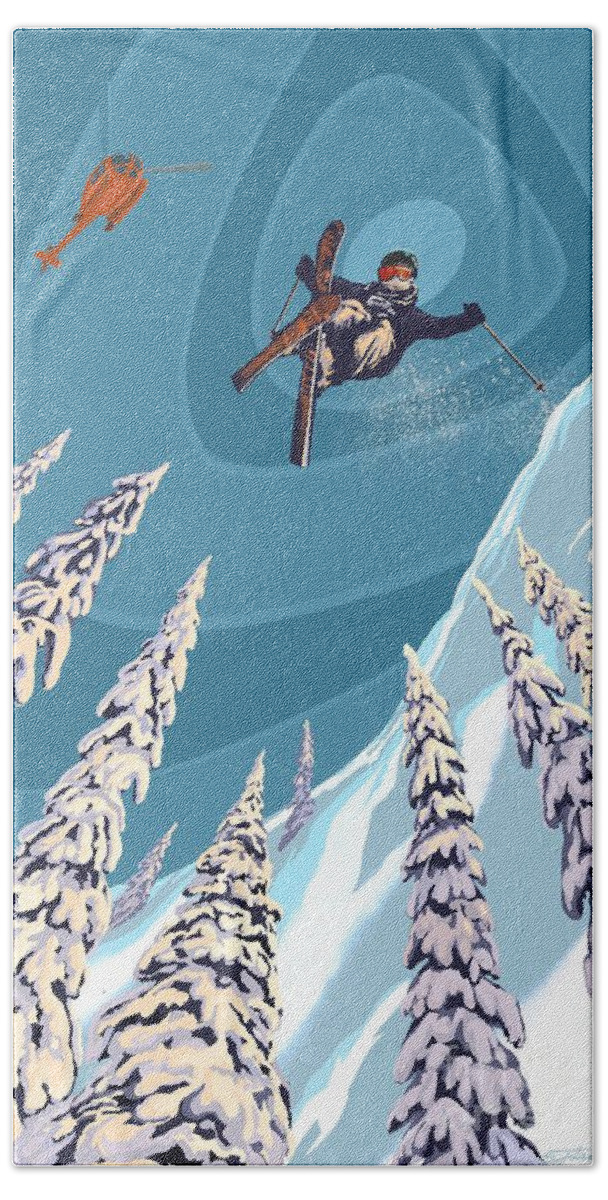 Retro Ski Art Bath Towel featuring the painting Retro Ski Jumper Heli Ski by Sassan Filsoof