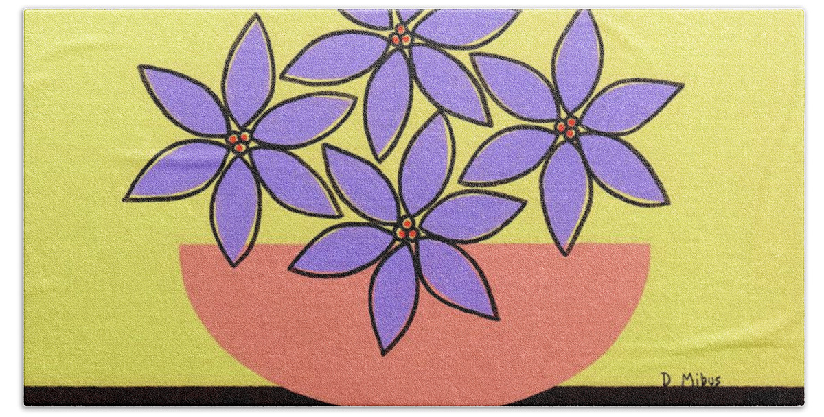 Mid Century Modern Flowers Hand Towel featuring the painting Retro Tabletop Flowers in Purple by Donna Mibus