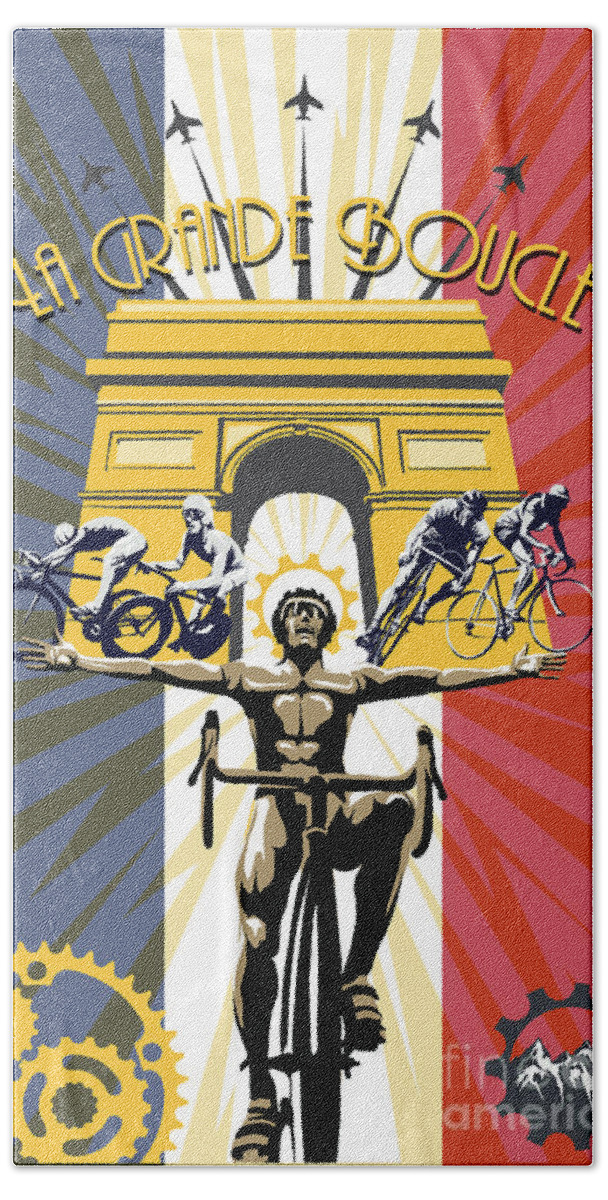 Tour De France Bath Towel featuring the painting retro Tour de France Arc de Triomphe by Sassan Filsoof