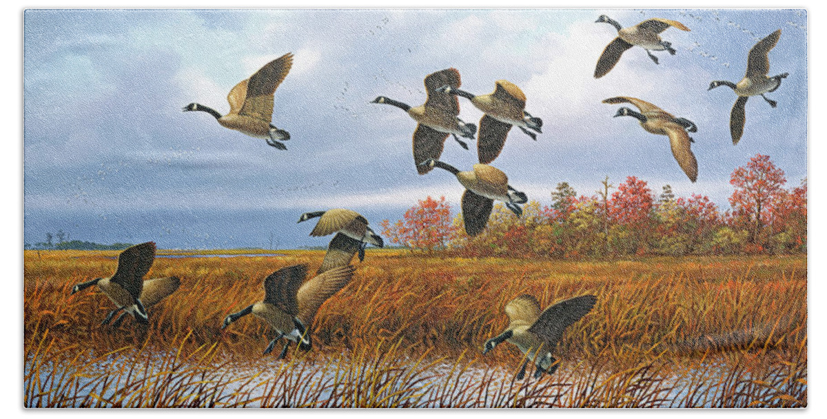 Geese Bath Towel featuring the painting Return to the Eastern Shore by Guy Crittenden