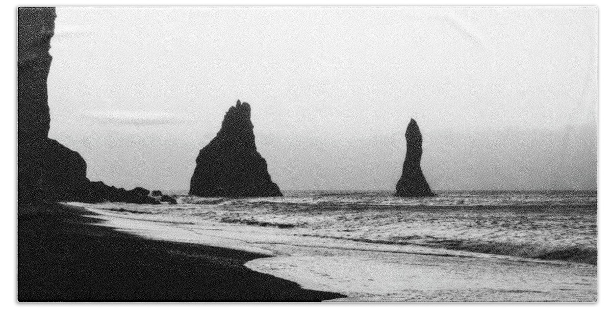 Iceland Bath Towel featuring the photograph Reynisfjara Beach Iceland Black and White by Catherine Reading