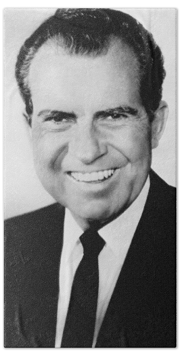 Richard Nixon Bath Towel featuring the photograph Richard Nixon Portrait - Circa 1969 by War Is Hell Store