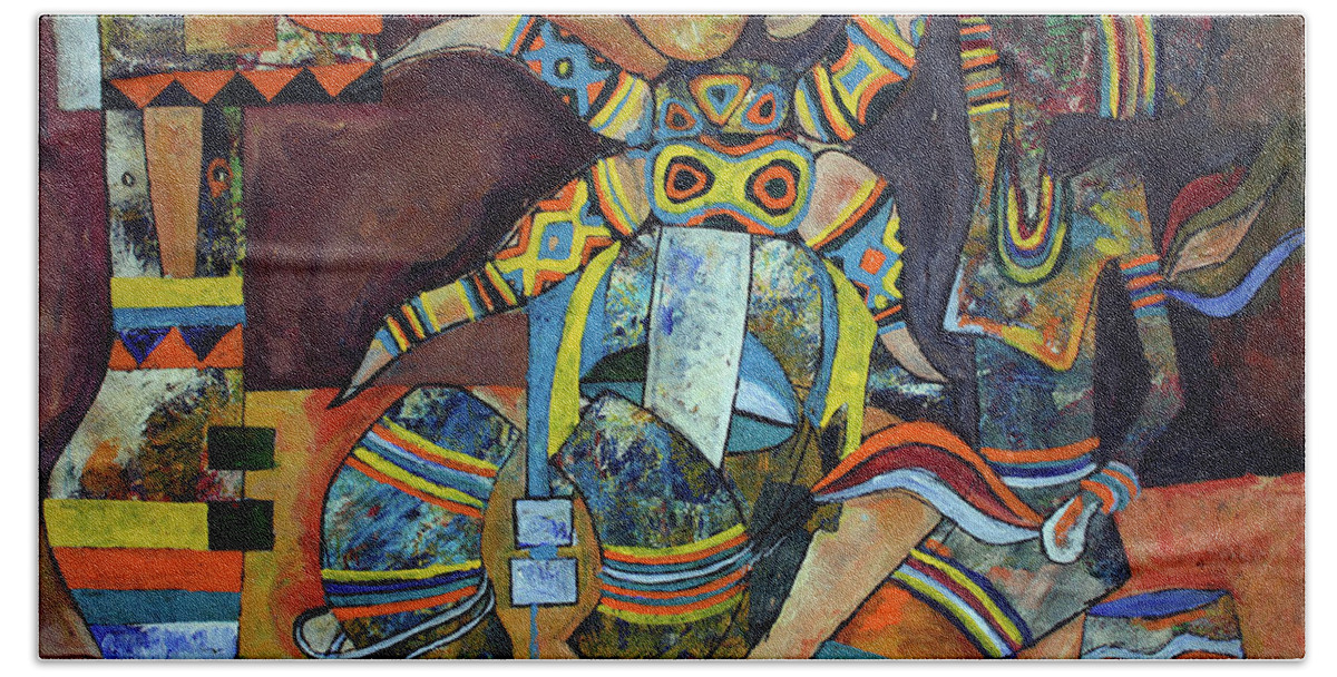 Speelman Mahlangu Bath Towel featuring the painting Riksha Man by Speelman Mahlangu
