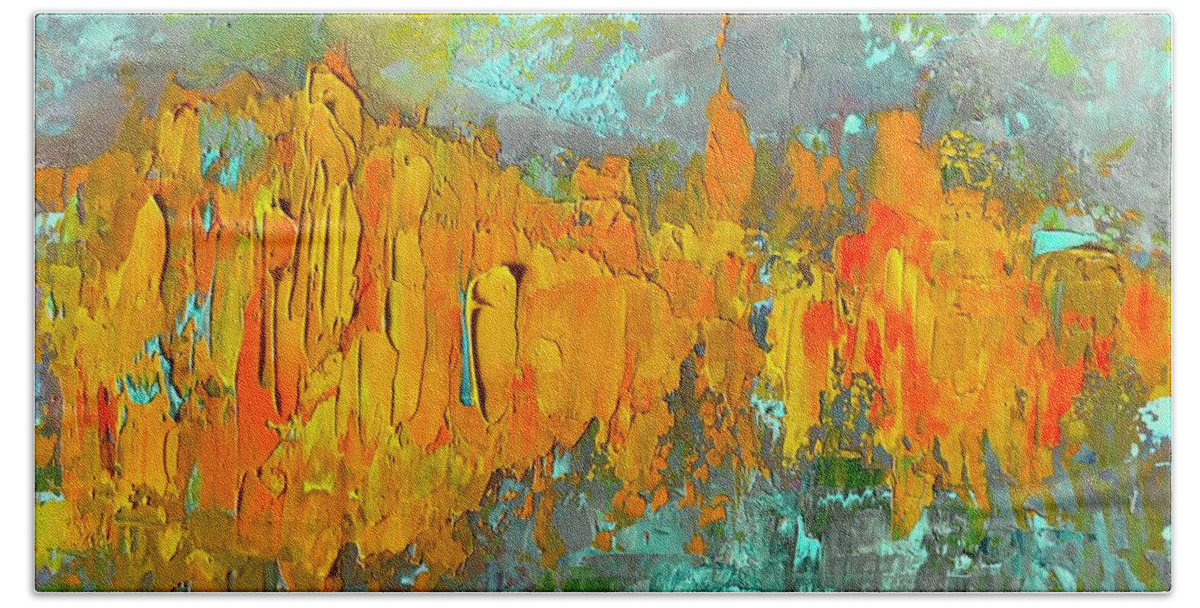 Abstract Hand Towel featuring the painting Riparian Glow Study by Roger Clarke