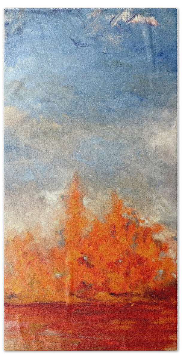 Waterside Hand Towel featuring the painting Riparian Orange by Roger Clarke
