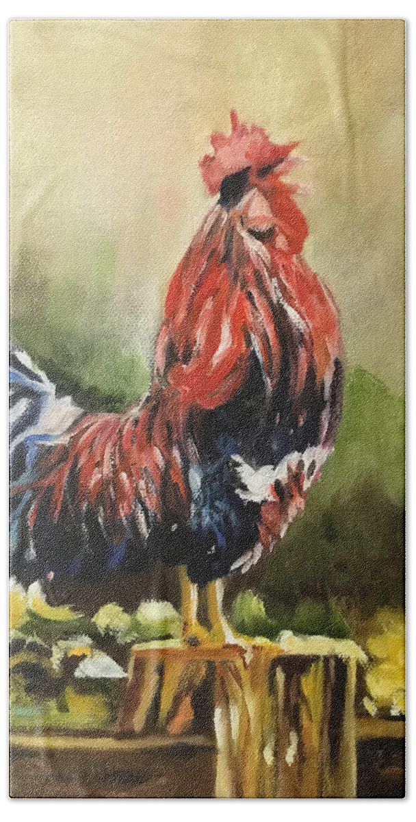 Colorful Rooster Hand Towel featuring the painting Rise and Shine by Juliette Becker