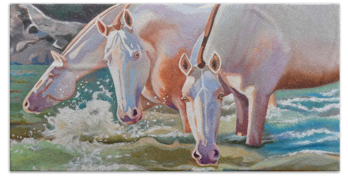 Horses Hand Towel featuring the painting River Beauties by Shirley Galbrecht