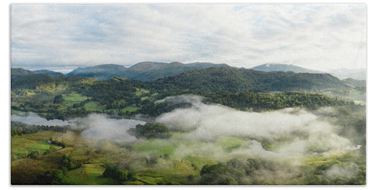 Panorama Bath Towel featuring the photograph River Brathay Skelwith Bridge aerial Cloud Inversion Lake District by Sonny Ryse