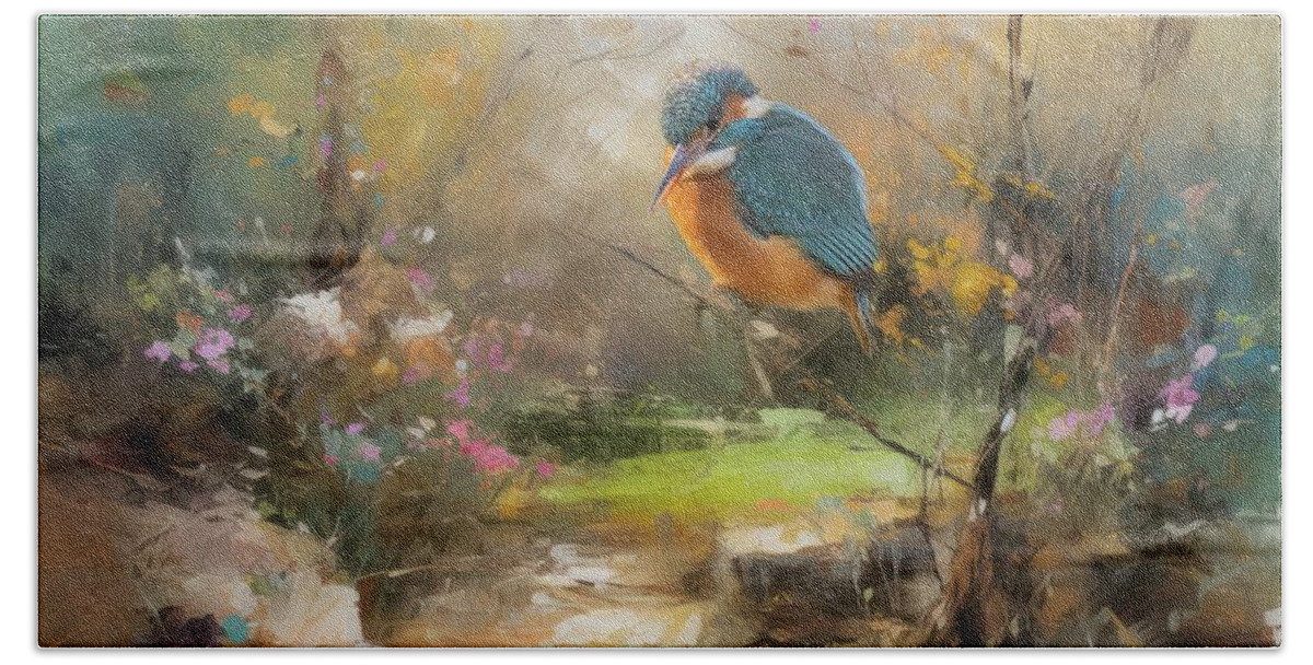 River Kingfisher Hand Towel featuring the mixed media River Kingfisher in Spring by Eva Lechner