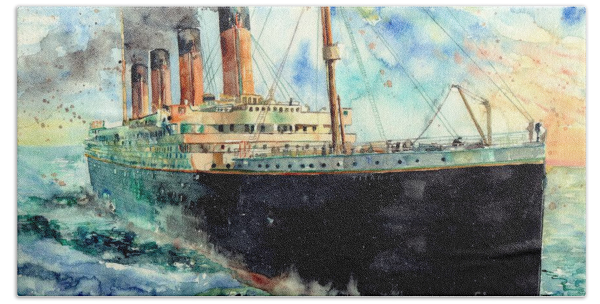 Rms Titanic Hand Towel featuring the painting RMS Titanic White Star Line Ship by Suzann Sines