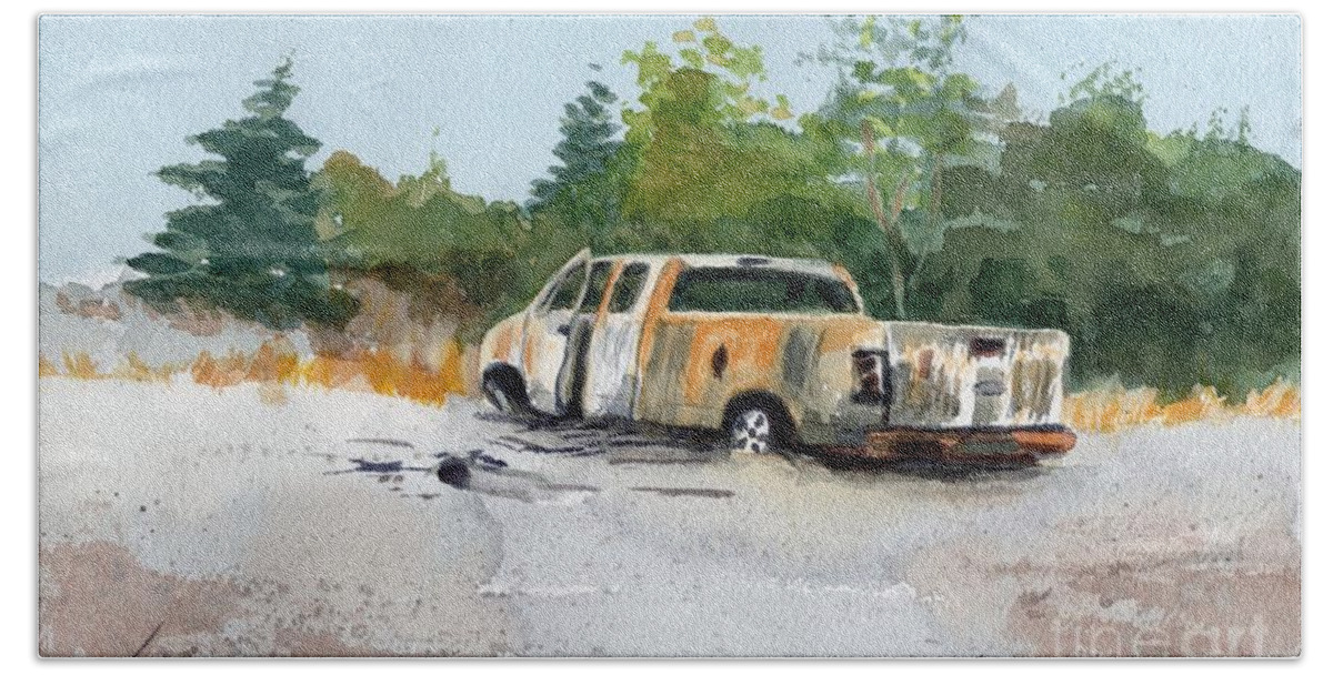 Rusty Truck Hand Towel featuring the painting Road Kill by Vicki B Littell