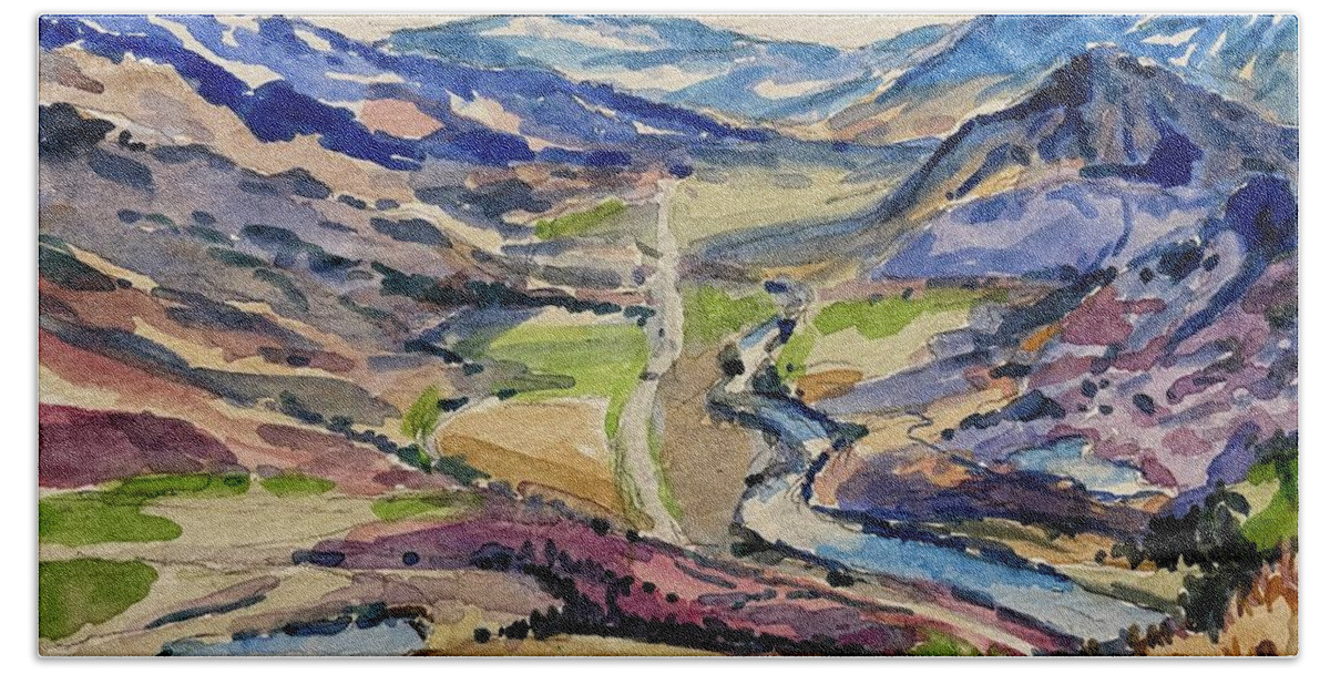 Yellowstone Bath Towel featuring the painting Road to Gardiner by Les Herman