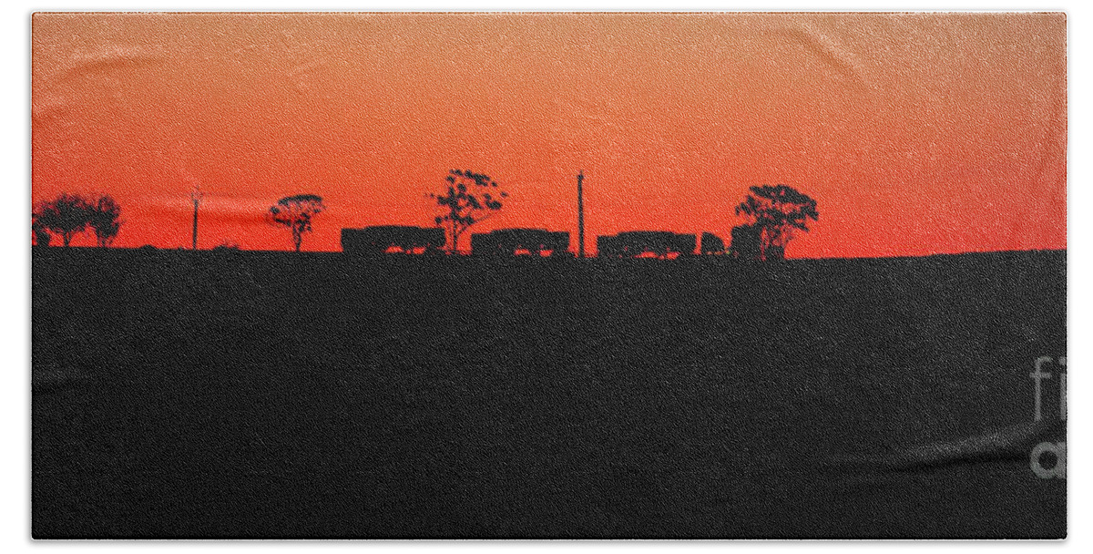 Outback South Australia Australia Sunset Roadtrain Road Train Silhouette Panorama Hand Towel featuring the photograph Road Train Sunset Silhouette by Bill Robinson