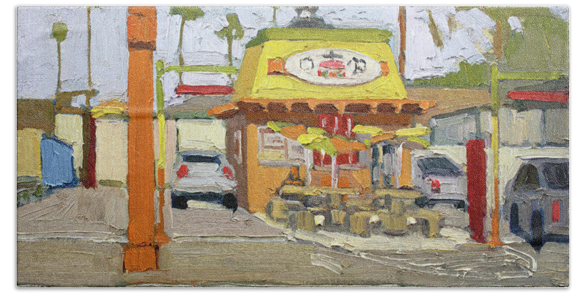 Roberto's Taco Shop Bath Towel featuring the painting Roberto's Taco Shop - Ocean Beach, San Diego, California by Paul Strahm