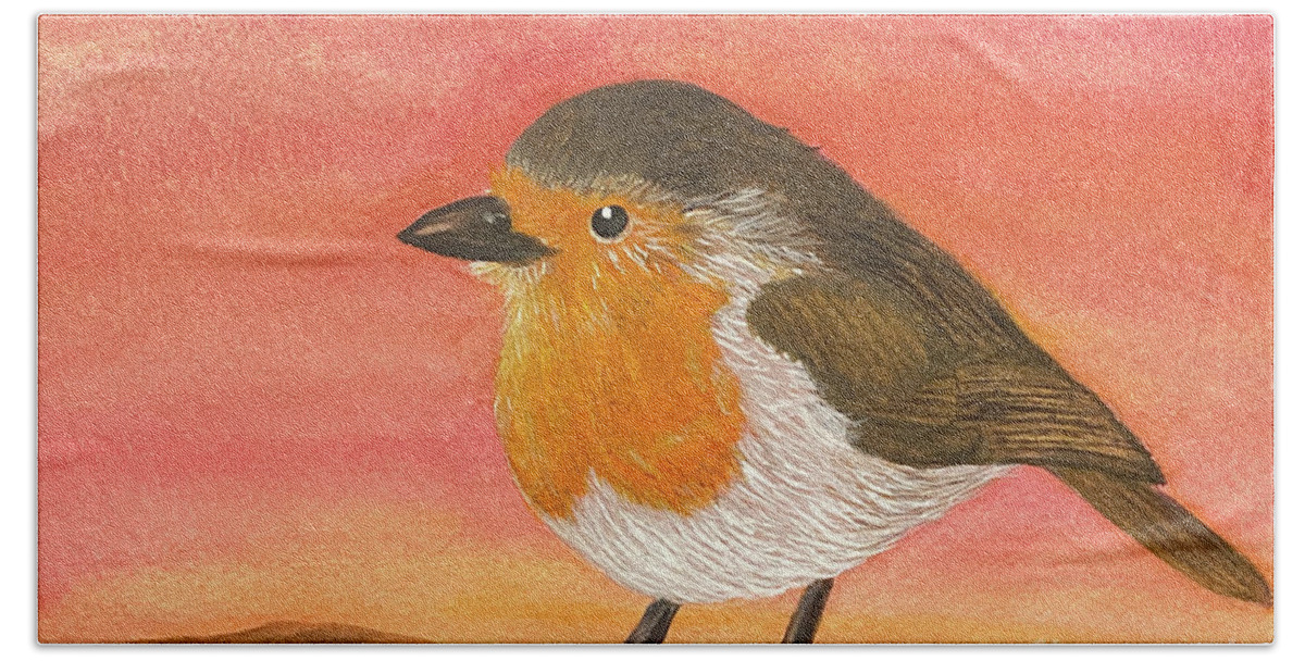 Robin Bath Towel featuring the painting Robin at Sunset by Lisa Neuman