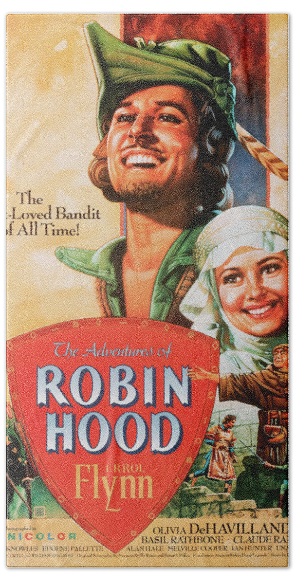 Robin Hand Towel featuring the mixed media ''Robin Hood'' 1938 by Movie World Posters