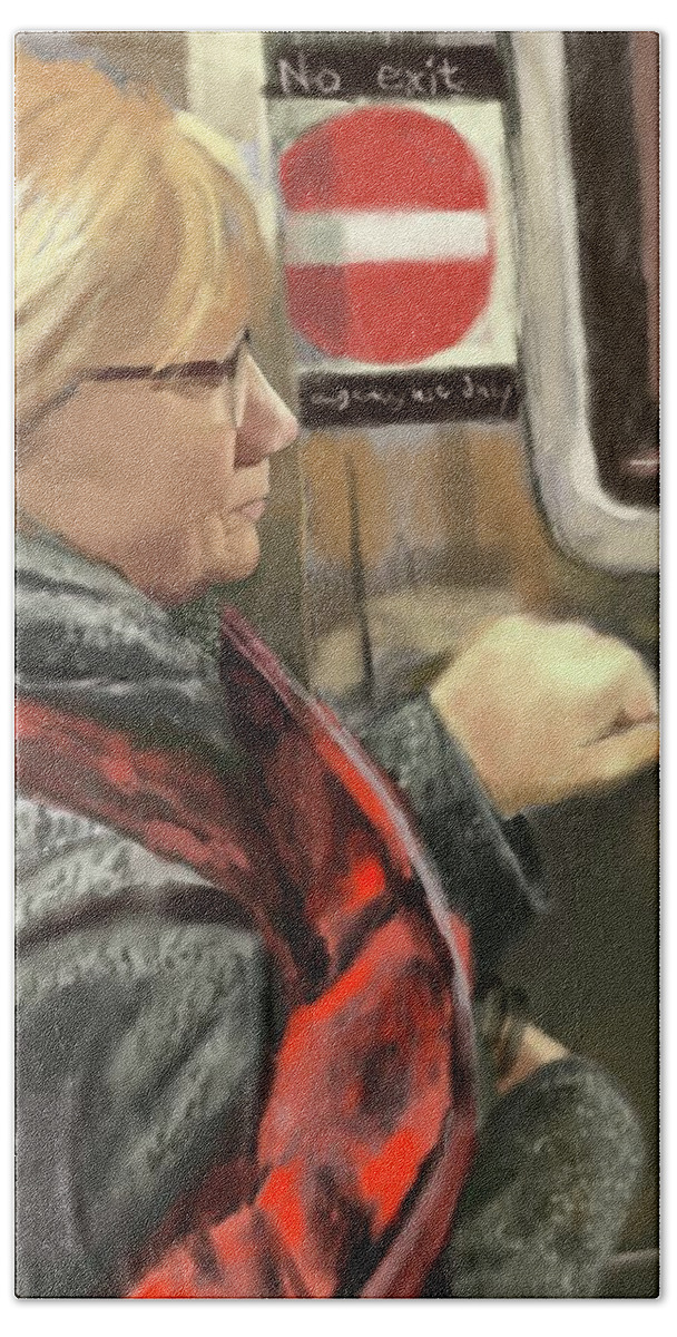 Robin Bath Towel featuring the digital art Robin On A Subway by Larry Whitler