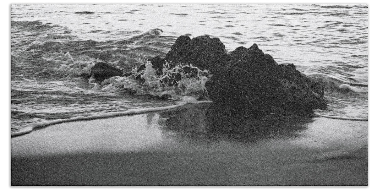 Be Like Water Bath Towel featuring the photograph Rock and Waves in Albandeira Beach. Monochrome by Angelo DeVal