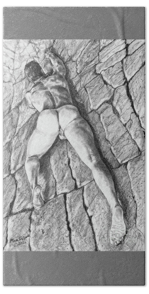 Male Nude Bath Towel featuring the drawing Rock Climbing Randy by Marc DeBauch