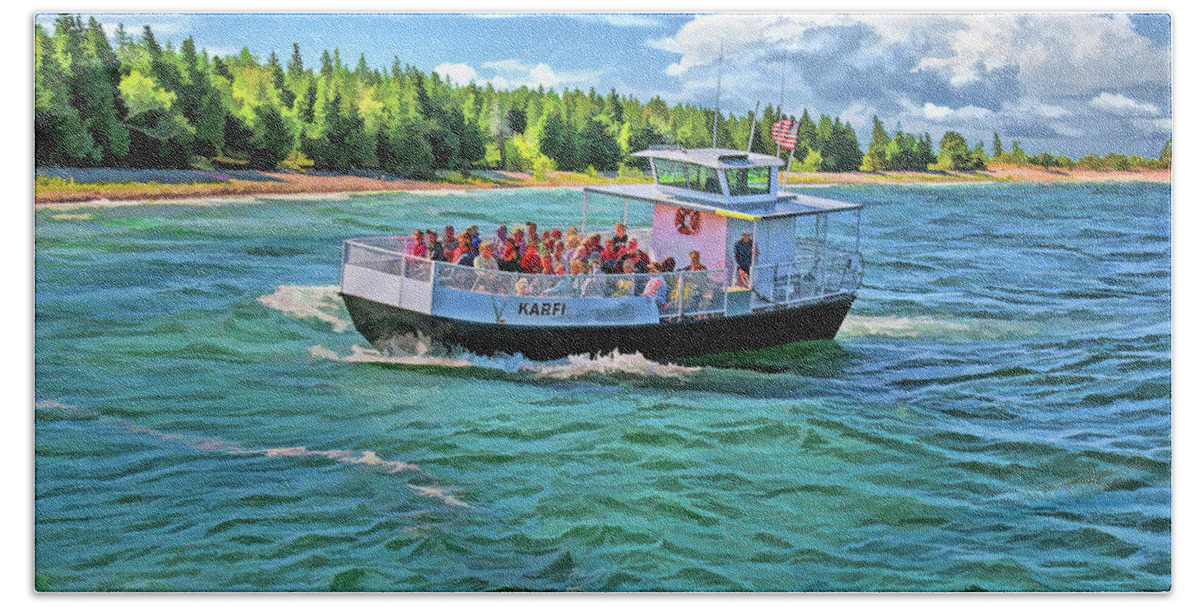 Karfi Bath Towel featuring the painting Rock Island Karfi Ferry Waves in Door County by Christopher Arndt