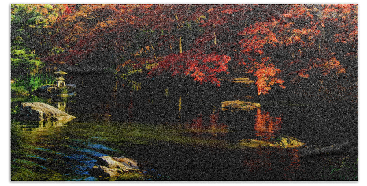 Red Maple Leaf Bath Towel featuring the photograph Rock of Pagoda II by Johnny Boyd
