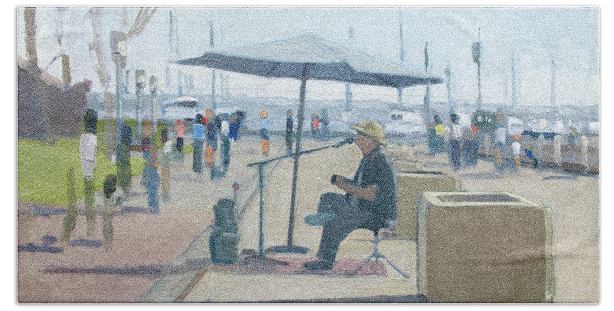 Busker Bath Towel featuring the painting Embarcadero - San Diego, California by Paul Strahm