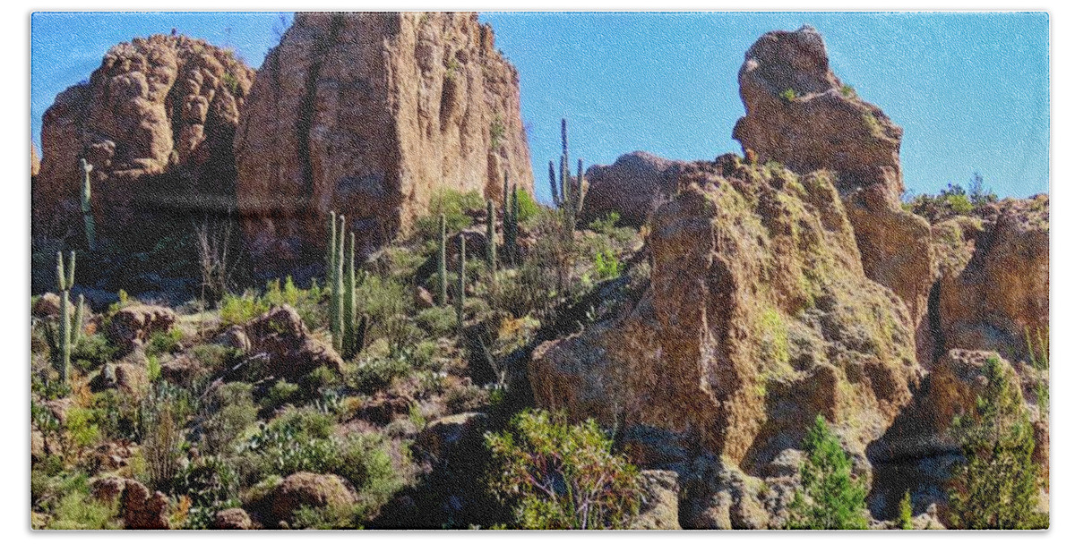 Arboretum Hand Towel featuring the photograph Rocky HIghrises in the Sonoran Desert by Judy Kennedy