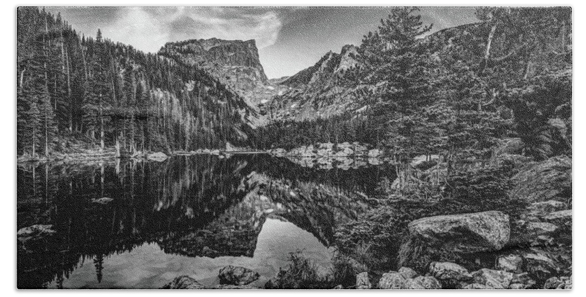 America Hand Towel featuring the photograph Rocky Mountain National Park Dream Lake Monochrome Panorama by Gregory Ballos