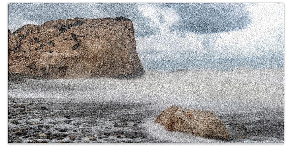 Waves Bath Towel featuring the photograph Rocky Seascape during Storm by Michalakis Ppalis