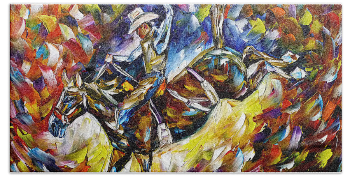 Cowboy Painting Bath Towel featuring the painting Rodeo II by Mirek Kuzniar