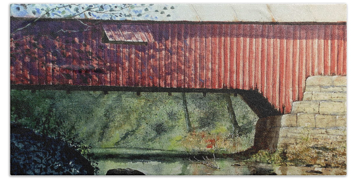 Covered Bridge Bath Towel featuring the painting Rolling Stone Bridge by John Glass